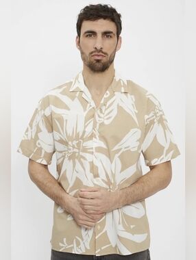 JACK & JONES Prenium Beige tropical relaxed shirt Short Sleeve Size XXL